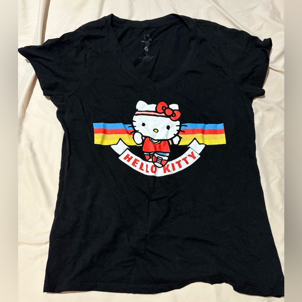 Hello Kitty Black Tee with Rainbow Stripes